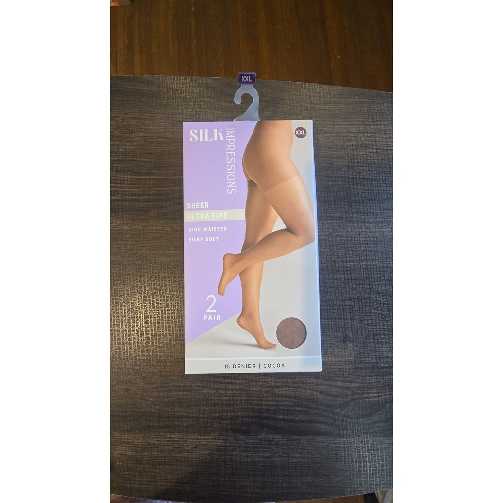 Silk Impressions Sheer Cocoa Pantyhose 2 Pair High Waisted XXL 15 Denier